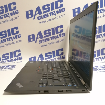 Лаптоп втора употреба Lenovo ThinkPad X1 Carbon (4th Gen) - CPU i5-6200U, 8GB RAM, 256 GB SSD, HD Graphics 520 (2560x1440) IPS. Поглед отдясно в отворено положение. Виждат се HDMI, USB и аудио портове.