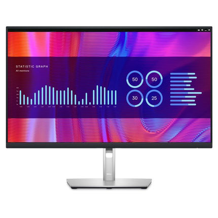 A modern computer monitor with a slim black bezel and a silver stand, displaying a colorful dashboard with charts and graphs on a white background.
27" Dell Monitor P2723DE Monitor vtora upotreba 