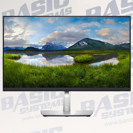 A 27-inch LED monitor with a slim black bezel and a silver stand, displaying a mountain landscape on its screen. The background is white with a repeating light gray watermark of 'Basic Systems'.
27" Dell Monitor P2723DE Monitor vtora upotreba 