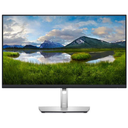 A modern computer monitor with a slim black bezel and a silver stand, displaying a scenic landscape of a lake and mountains on a white background.
27" Dell Monitor P2723DE Monitor vtora upotreba 