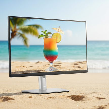 A computer monitor on a silver stand sits on a sandy beach, displaying a colorful tropical cocktail on a beach scene screen.
27" Dell Monitor P2723DE Monitor vtora upotreba 