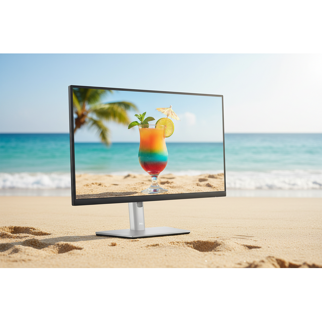 A computer monitor on a silver stand sits on a sandy beach, displaying a colorful tropical cocktail on a beach scene screen.
27" Dell Monitor P2723DE Monitor vtora upotreba 