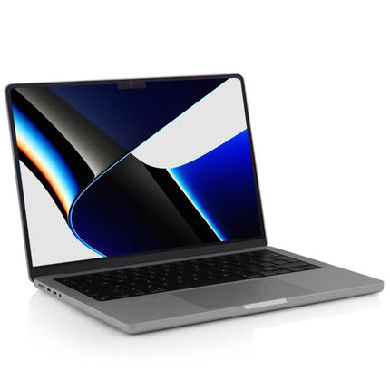 Apple MacBook Pro 14.2-Inch (2021) Laptop vtora upotreba M1 - 10 cores with a reflective screen on a white background
