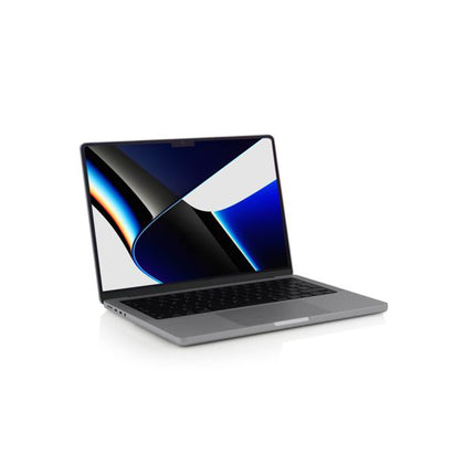 Apple MacBook Pro 14.2-Inch (2021) Laptop vtora upotreba M1 - 10 cores with reflective screen on a white background