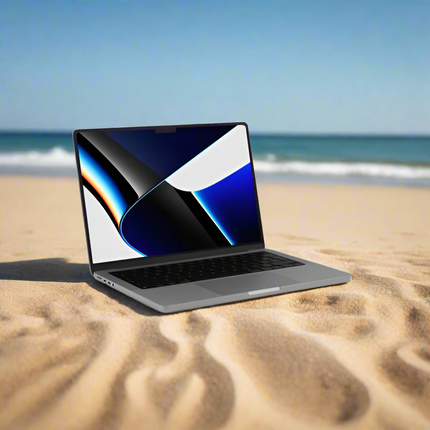 Apple MacBook Pro 14.2-Inch (2021) Laptop vtora upotreba M1 - 10 cores on a sandy beach with ocean view