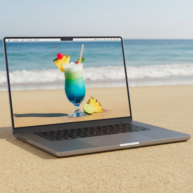 A silver laptop sits open on a sandy beach with the ocean and sky visible in the background. The screen displays a colorful tropical drink with pineapple and a cherry.
Apple MacBook Pro 16.2-Inch A2485 - CPU M1 Pro - 10 cores, 32GB RAM Laptop vtora upotreba