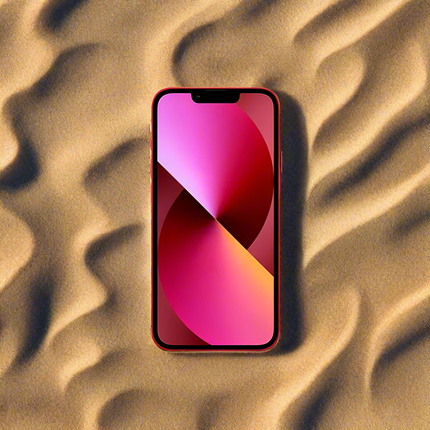 Apple iPhone 13 mini RED Smartfon vtora upotreba, 512GB s garantsia with a colorful display on a textured sand background
