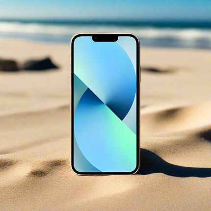 Apple iPhone 13 mini Starlight Smartfon vtora upotreba 128GB s garantsia with a blue and green gradient screen on a sandy beach