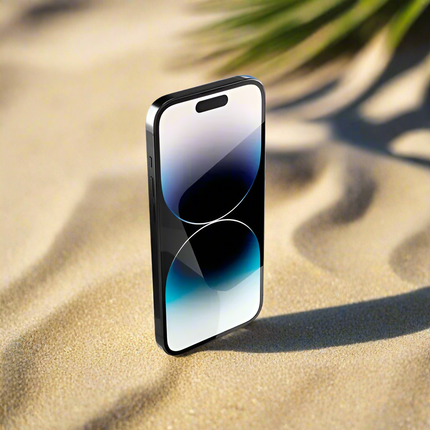 Apple iPhone 14 Pro Space Black Smartfon vtora upotreba, 256GB s garantsia case with blue gradient design on a sandy background