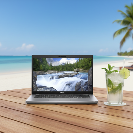 Laptop on a wooden table with a scenic display, next to a mojito drink on a beach.
DELL Latitude 5410 Laptop vtora upotreba 