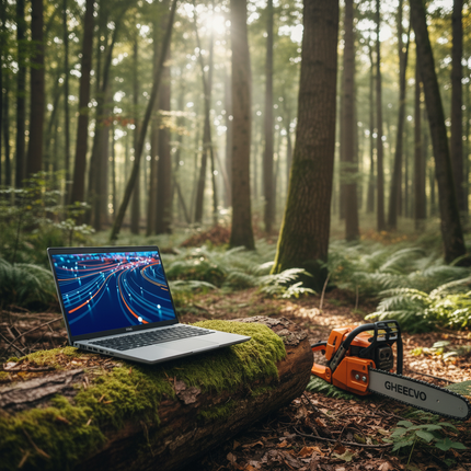 Laptop on a log in a forest with a chainsaw labeled 'GHEEVO' nearby
DELL Latitude 5520 laptop vtora upotreba CPU i5 1145G7