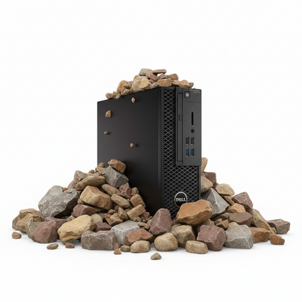 Black Dell computer tower surrounded by rocks on a white background
DELL Precision 3420 SFF Rabotna stantsia vtora upotreba