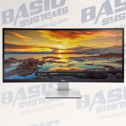A Dell ultra-wide curved monitor with a silver stand, displaying a colorful sunset landscape on the screen, set against a white background with light gray BASIC SYSTEMS watermarks.
DELL U3415W Curved ULTRASHARP Ultra-Wide Quad HD, HDMI,  Monitor vtora upotreba