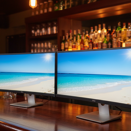 Two slim Dell monitors displaying a tropical beach scene, set on a dark wooden bar counter with a blurred bar background.
DELL U3415W Curved ULTRASHARP Ultra-Wide Quad HD, HDMI,  Monitor vtora upotreba