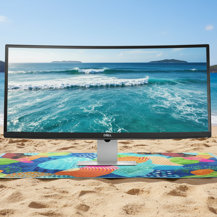 A curved Dell monitor displaying an ocean scene, set on a colorful patterned blanket on a sandy beach with the sea in the background.
DELL U3415W Curved ULTRASHARP Ultra-Wide Quad HD, HDMI,  Monitor vtora upotreba