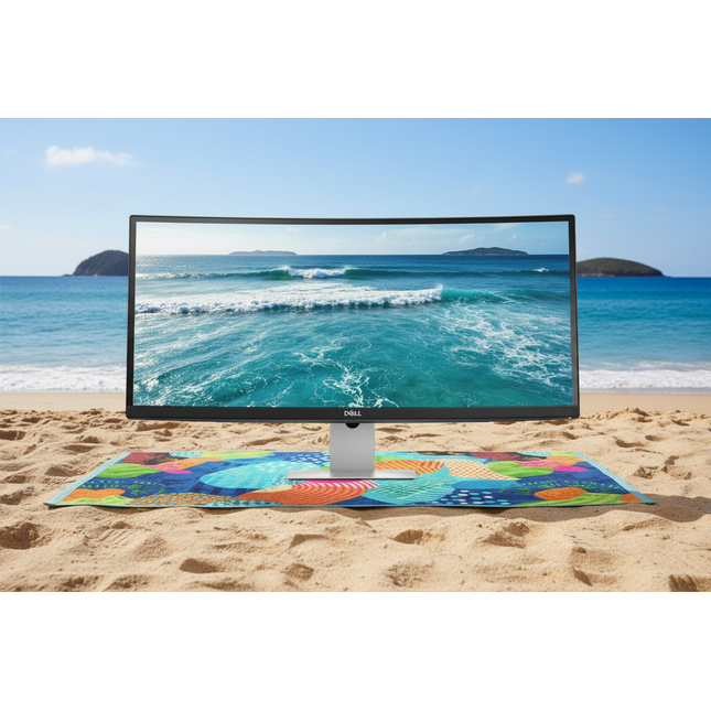 A curved Dell monitor displaying an ocean scene, set on a colorful patterned blanket on a sandy beach with the sea in the background.
DELL U3415W Curved ULTRASHARP Ultra-Wide Quad HD, HDMI,  Monitor vtora upotreba