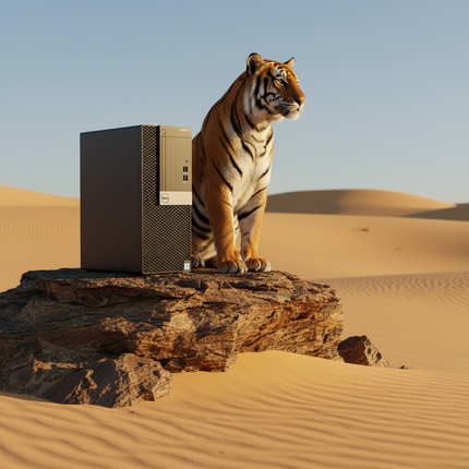 Tiger standing next to a computer tower in a desert setting
Kompyutar vtora upotreba DELL OptiPlex 7040 tower - CPU i7-6700 