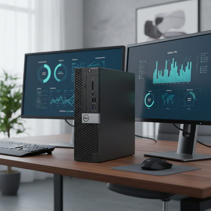 Computer setup with dual monitors on a desk in a home office setting
DELL OptiPlex 7050 SFF Kompyutar vtora upotreba