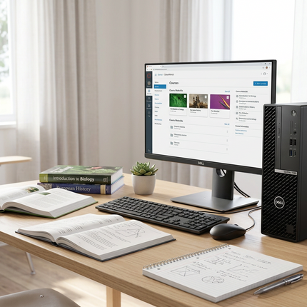 A modern black Dell desktop computer tower beside a matching monitor on a light wood desk, styled with a keyboard, mouse, notebooks, books, and a pencil cup in a bright home office setting.
