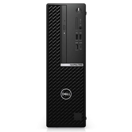 A Dell OptiPlex 7090 desktop computer tower in black, featuring a textured front panel, multiple ports on the right side, and the Dell logo on a silver band near the bottom.