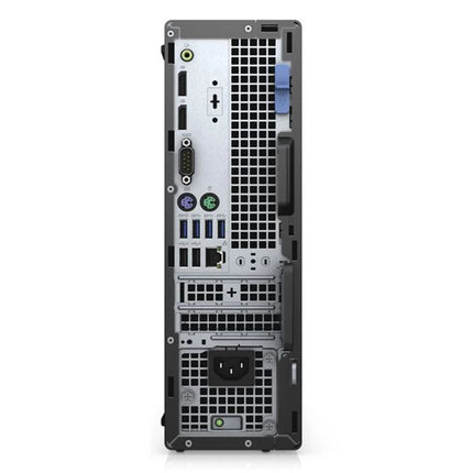 The rear view of a Dell desktop tower computer, showcasing the I/O panel with various ports, ventilation grilles, and power connectors, set against a plain white background.