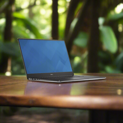 Laptop DELL Precision 5510 Laptop vtora upotreba on a wooden table with a blurred natural background