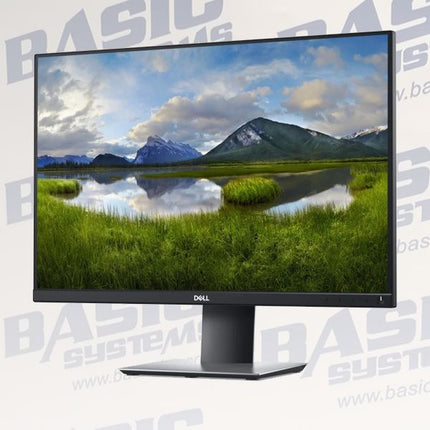 A Dell computer monitor with a black stand, displaying a landscape image of mountains and a lake. The background is white with a repeating light gray watermark that reads 'BASIC SYSTEMS'.
24" Monitor vtora upotreba Dell Monitor P2421 