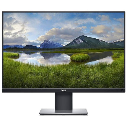 A Dell computer monitor with a black bezel and stand, displaying a scenic landscape of mountains, grass, and water on a white background.
24" Monitor vtora upotreba Dell Monitor P2421 