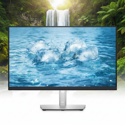 A modern computer monitor with a silver stand, displaying a close-up image of ice cubes splashing in blue water. The monitor is set against a background of a lush green forest with a waterfall.
24" Monitor vtora upotreba Dell Monitor P2422H Frameless 