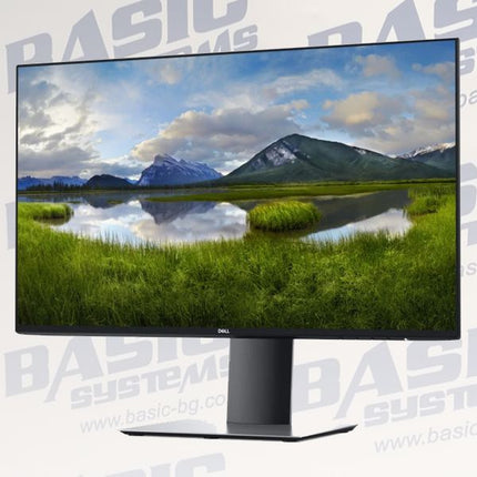Monitor displaying a scenic landscape with mountains and water, branded 'Basic Systems'. DELL U2419H 24" Monitor vtora upotreba