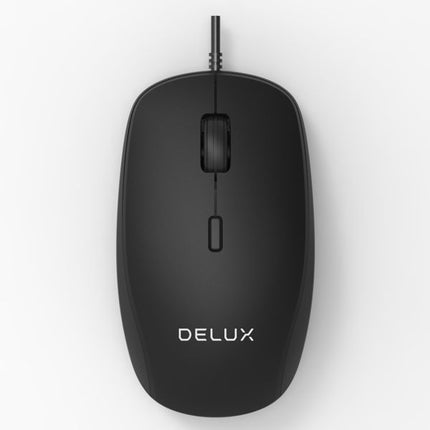 Black computer mouse with 'Delux' branding on a light gray background
Delux K7010BU+M355BU Komplekt klaviatura i mishka, BDS kirilizatsia
