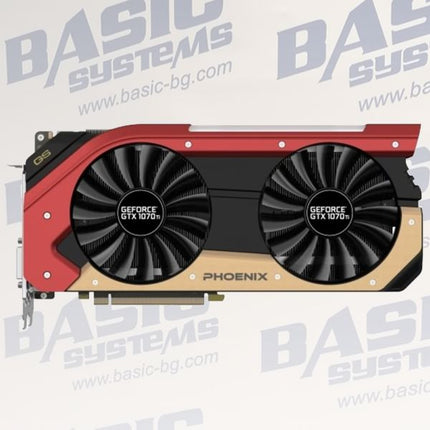 Computer graphics card with dual fans on a Basic Systems branded background
Gainward GTX 1070 Ti Phoenix Secondary video card, 8GB, 256 bit, GDDR5, Display Port, DVI, HDMI