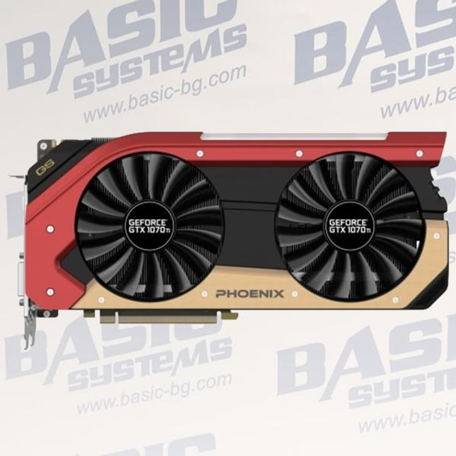Computer graphics card with dual fans on a Basic Systems branded background
Gainward GTX 1070 Ti Phoenix Secondary video card, 8GB, 256 bit, GDDR5, Display Port, DVI, HDMI