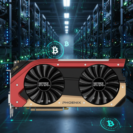 Computer graphics card with fans on a dark background with Bitcoin symbols
Gainward GTX 1070 Ti Phoenix Secondary video card, 8GB, 256 bit, GDDR5, Display Port, DVI, HDMI