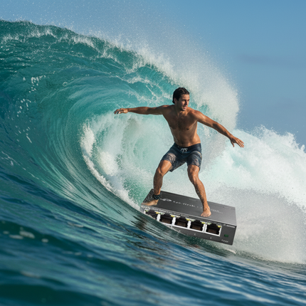 Person surfing on a wave with a clear blue sky