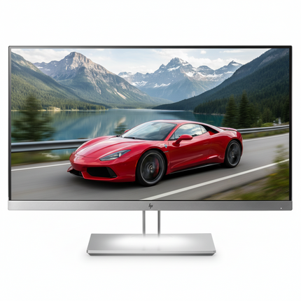 A modern silver computer monitor displaying a red sports car on a scenic mountain lake road. The monitor has a thin black bezel and a slim silver stand, set against a plain white background.
HP EliteDisplay E23 G4 monitor vtora raka