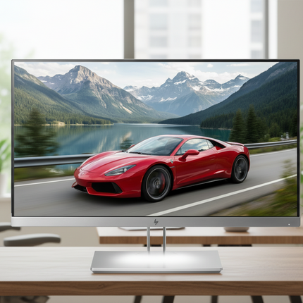 A large widescreen computer monitor on a silver stand, sitting on a wooden desk in a bright office. The screen displays a red sports car driving along a road through a mountain lake landscape.
HP EliteDisplay E23 G4 monitor vtora raka