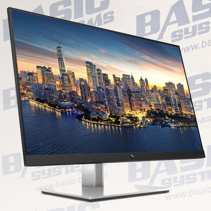 A modern computer monitor with a black bezel and silver stand, displaying a city skyline at sunset. The background is white with a repeating light gray 'BASICS SYSTEMS' watermark.
HP EliteDisplay E27Q G4 - 27" Monitor vtora upotreba