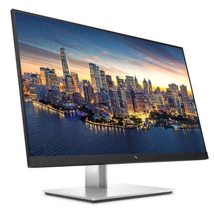 A modern computer monitor with a slim black bezel and a silver stand, displaying a vibrant city skyline at sunset on a clean white background.
HP EliteDisplay E27Q G4 - 27" Monitor vtora upotreba