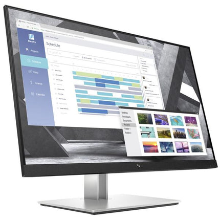 A modern computer monitor with a slim black bezel and silver stand, displaying a software dashboard interface on a white background.
HP EliteDisplay E27Q G4 - 27" Monitor vtora upotreba