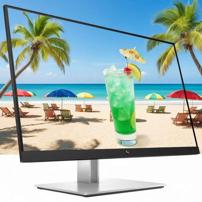 A computer monitor with a black bezel and silver stand, displaying a tropical beach scene with palm trees, beach umbrellas, and a green cocktail in the foreground.
HP EliteDisplay E27Q G4 - 27" Monitor vtora upotreba