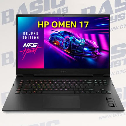 HP Omen 17 Deluxe Edition laptop with an NVIDIA RTX 4090 and NVIDIA GeForce RTX 4090 HX graphics, shown open on a light gray background with a faint watermark pattern. The screen displays a colorful graphic of a sports car with 'HP OMEN 17' and 'NFS Heist' text.