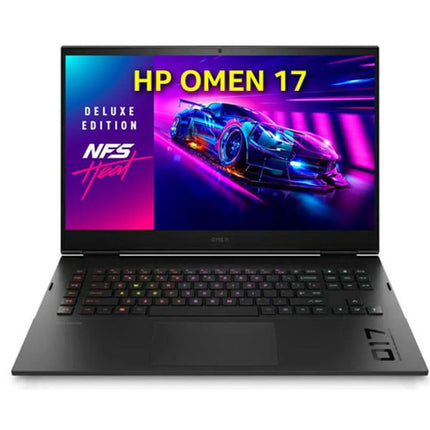 An HP Omen 17 Deluxe Edition laptop shown open against a white background, featuring a black chassis, a vibrant multicolor screen displaying a sports car graphic, and the 'NFS Heart' logo on the screen.