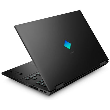A black HP laptop shown open at an angle, featuring a glossy black lid with a blue and green illuminated HP logo and a black keyboard deck on a clean white background.