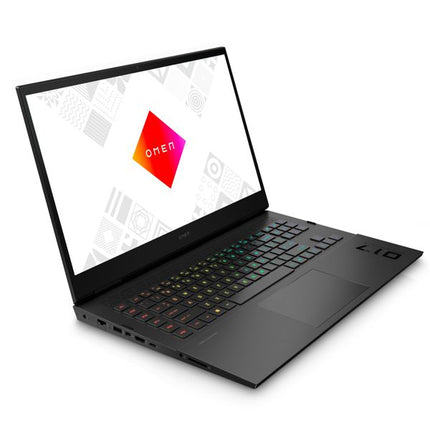 A black HP ZIO laptop shown at an angle with the screen open, featuring a white display with a red and pink 'onen' logo, a black keyboard with RGB backlighting, and the HP ZIO branding on the palm rest.