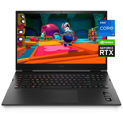 A black gaming laptop shown open against a white background, with a colorful game scene displayed on the screen. Prominent on-screen badges include Intel Core i7, NVIDIA GeForce RTX, and NVIDIA.