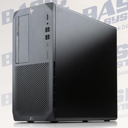 HP Z series desktop computer tower in matte black, featuring a front optical drive bay, multiple USB ports, and a perforated lower grille, shown against a light gray background with a faint BASIC Systems watermark.
HP Z2 G5 Tower Rabotna stantsia vtora upotreba - CPU i7 10700K