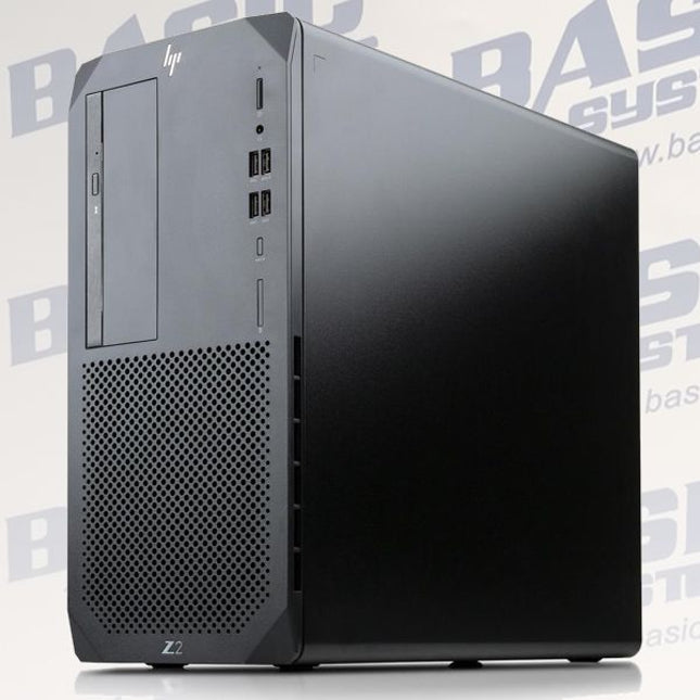 HP Z series desktop computer tower in matte black, featuring a front optical drive bay, multiple USB ports, and a perforated lower grille, shown against a light gray background with a faint BASIC Systems watermark.
HP Z2 G5 Tower Rabotna stantsia vtora upotreba - CPU i7 10700K