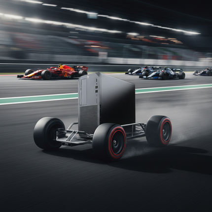A futuristic black computer tower mounted on a silver metal chassis with four wheels, driving on a racetrack with blurred Formula 1 cars in the background.
HP Z2 G5 Tower Rabotna stantsia vtora upotreba - CPU i7 10700K
