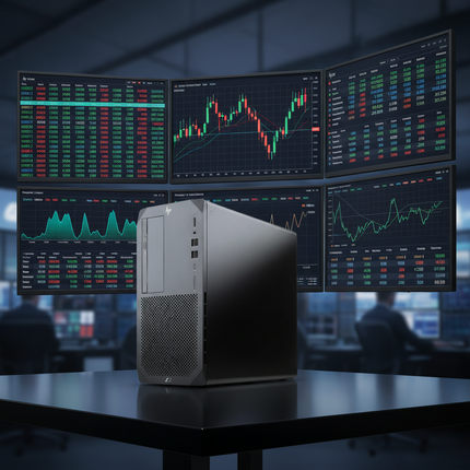 A silver desktop computer tower sits on a dark table in a dim office or trading room, with six curved monitors behind it displaying stock market charts and data in green, red, and blue.
HP Z2 G5 Tower Rabotna stantsia vtora upotreba - CPU i7 10700K